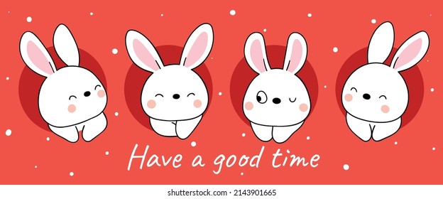 Draw vector illustration character design banner cute bunny in red background for christmas and new year Doodle cartoon style