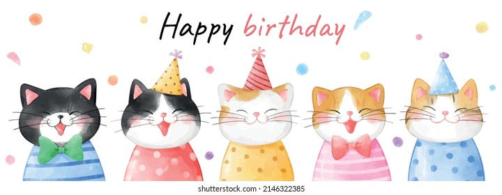 Draw vector illustration character design banner funny cat Birthday concept Watercolor style