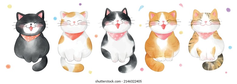 Draw vector illustration character design banner happy party cat Watercolor style