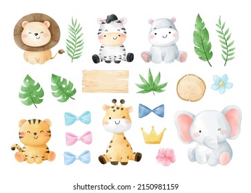 Draw vector illustration character design collection safari animals Flower Tropical leaves Watercolor style