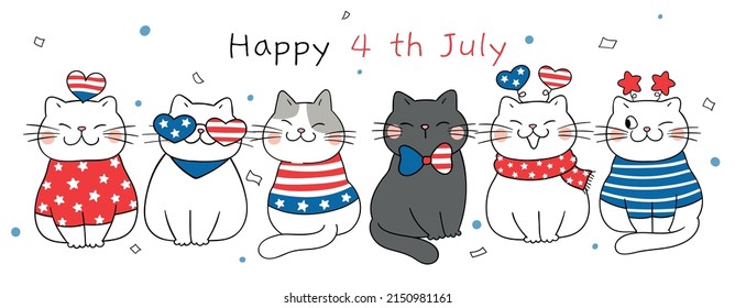 Draw vector illustration character design banner funny cats for Independence day 4 th of July Doodle cartoon style