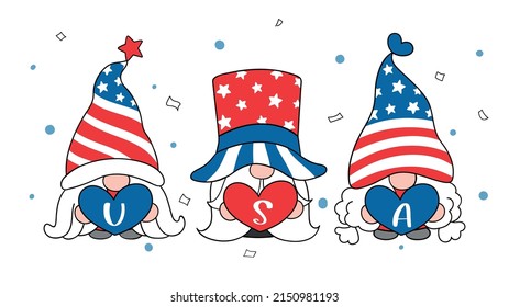 Draw vector illustration character design banner gnome holding USA heart for Independence day 4 th of July Doodle cartoon style