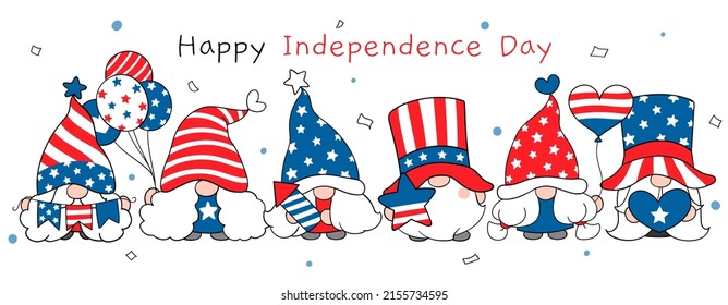 Draw vector illustration character design banner cute gnome for Independence day 4 th of July concept Doodle cartoon style