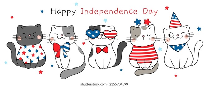 Draw vector illustration character design banner cute cats for Independence day 4 th of July Doodle cartoon style