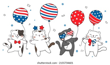 Draw vector illustration character design banner funny cats with balloon for Independence day 4 th of July Doodle cartoon style