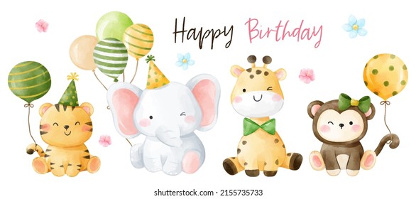 Draw vector illustration character design banner happy safari animal for birthday concept Watercolor style