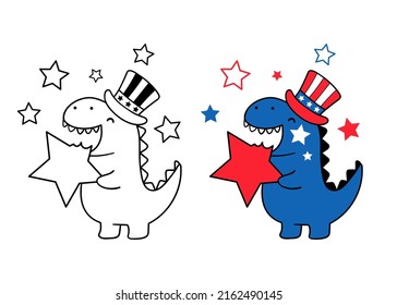 Draw Vector Illustration Character Design Baby Dinosaur For 4th Of July Printable Kids Shirt