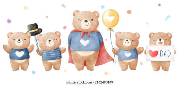 Draw vector illustration character design banner happy little bear with dad Father day concept Watercolor style