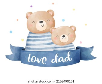 Draw vector illustration character design happy baby bear with dad Father day concept Watercolor style