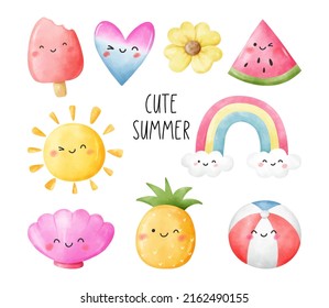 Draw vector illustration character design element cute summer Watercolor style