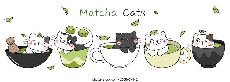 Draw vector illustration character design banner matcha cats in cup Green tea concept Doodle cartoon style