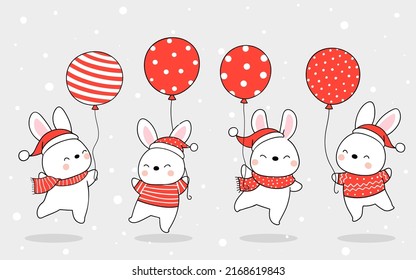Draw vector illustration character design banner bunny with balloon snow for Christmas and new year Doodle cartoon style