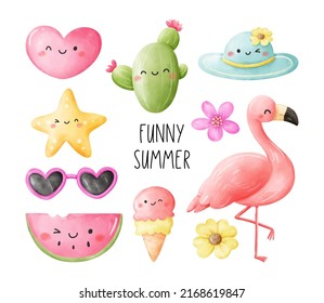 Draw vector illustration character design element funny summer Watercolor style