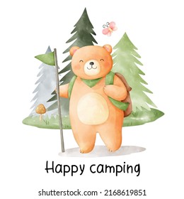 Dibujar el diseño del carácter de ilustración vectorial Oso feliz para el concepto de camping Estilo de color de agua