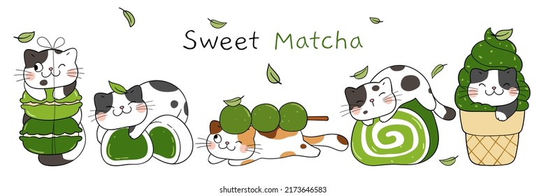 Draw Vector Illustration Character Design Banner Sweet Cats Matcha Dessert Concept Doodle Cartoon Style