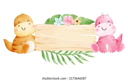 Draw vector illustration character design cute dinosaur with sign wood Birthday party concept Dino for kids Watercolor style