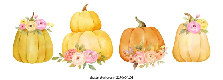 Draw vector illustration character design yellow pumpkin with floral arrangement For fall Autumn harvest Watercolor style