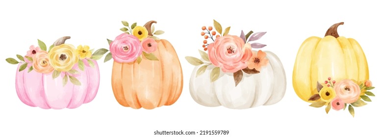 Draw vector illustration character design pastel pumpkin with floral arrangement For fall Autumn harvest Watercolor style