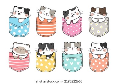 Draw vector illustration character design collection funny cats in pocket Doodle cartoon style svg
