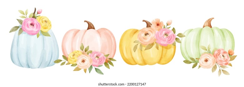 Draw vector illustration character design sweet pumpkin with floral arrangement For fall Autumn harvest Watercolor style