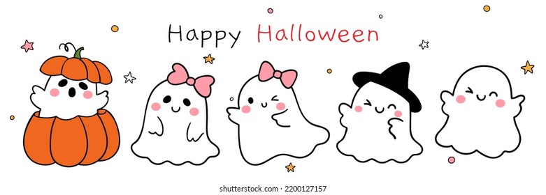 Draw vector illustration character design banner little ghost For halloween party concept Doodle cartoon style