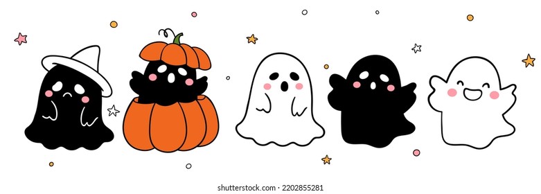 Draw vector illustration character design banner baby ghost For halloween party concept Doodle cartoon style