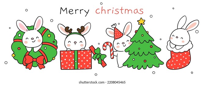 Draw vector illustration character design banner cute bunny for Christmas party concept Doodle cartoon style