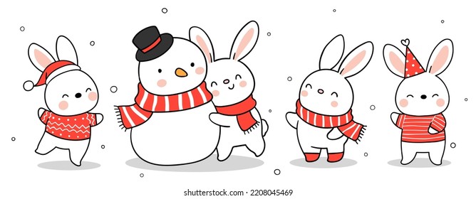 Draw vector illustration character design banner funny bunny in snow for Christmas and winter Doodle cartoon style