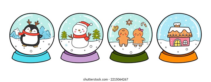 Dibujar ilustración de diseño de caracter de nieve globos de nieve pingüino Navidad e invierno Estilo de caricatura Doodle