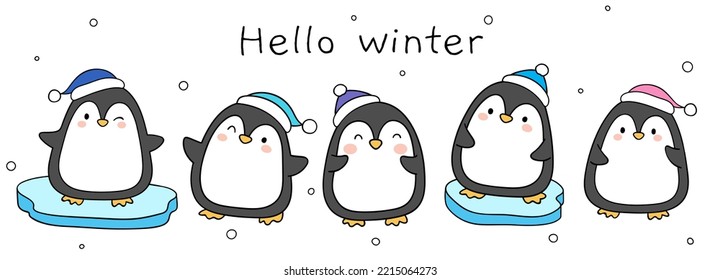 Draw vector illustration character design banner penguin in snow Christmas and winter Doodle cartoon style