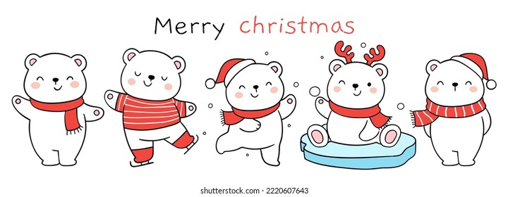 Draw vector illustration character design baby polar bear for Christmas and winter Doodle cartoon style