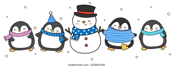 Draw vector illustration character design banner penguin with snowman Christmas and winter Doodle cartoon style