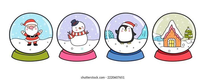 Draw vector illustration character design snow globes cute penguinn snowman Christmas and winter Doodle cartoon style