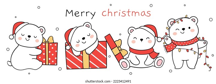 Draw vector illustration character design funny polar bear in snow for Christmas and winter Doodle cartoon style