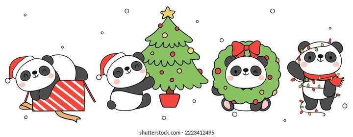 Draw vector illustration character design cute panda bear in snow for Christmas and winter Doodle cartoon style