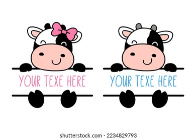 Draw vector illustration character design baby cow monogram frame name Printable cut file for kids shirt