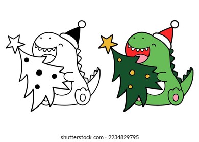 Draw vector illustration character design baby dinosaur with christmas tree Printable cut file for kids shirt
