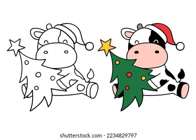 Draw vector illustration character design baby cow with christmas tree Printable cut file for kids shirt