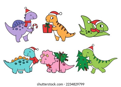 Draw vector illustration character design cute dinosaur for christmas Printable cut file for kids shirt Doodle cartoon style