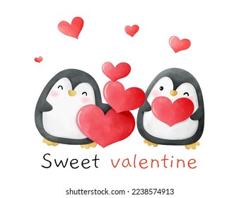 Draw vector illustration character design couple love penguins with red heart for valentine Watercolor style