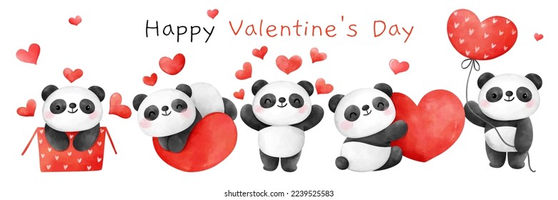 Draw vector illustration character design banner cute panda bear with red heart for valentine day  Watercolor style