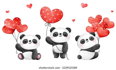 Draw vector illustration character design banner cute panda bear with heart balloon for valentine day  Watercolor style