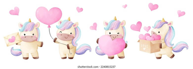 Draw vector illustration character design banner cute unicorn with pink heart for valentine day  Watercolor style