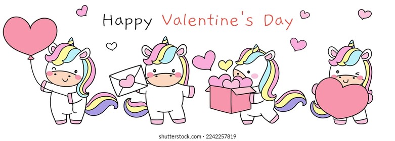 Draw vector illustration character design banner cute unicorn with pink heart for valentine day Doodle cartoon style