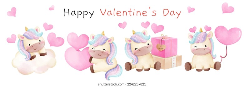 Draw vector illustration character design banner baby unicorn with pink heart for valentine day  Watercolor style