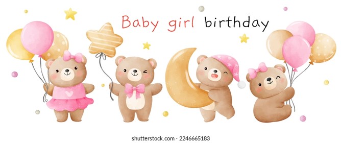 Draw vector illustration character design banner baby bear girl for birthday party Water color style