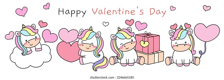 Draw vector illustration character design banner baby unicorn with pink heart for valentine day Doodle cartoon style