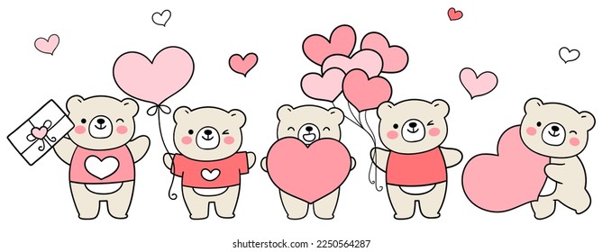 Dibujar la ilustración del personaje de diseño pancarta pequeño oso con corazón rosa para el día de San Valentín Estilo de caricatura Doodle