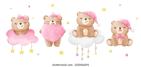 Draw vector illustration character design banner cute bear girl for baby shower birthday party Water color style