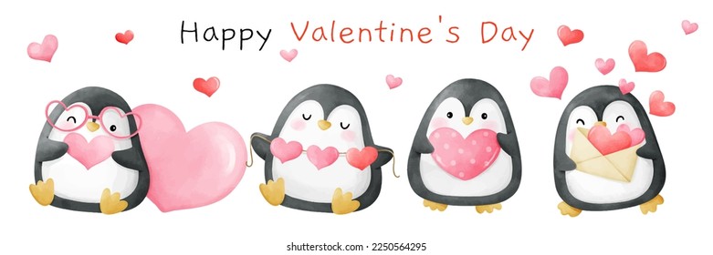 Draw vector illustration character design banner penguins with pink heart for valentine day Watercolor style